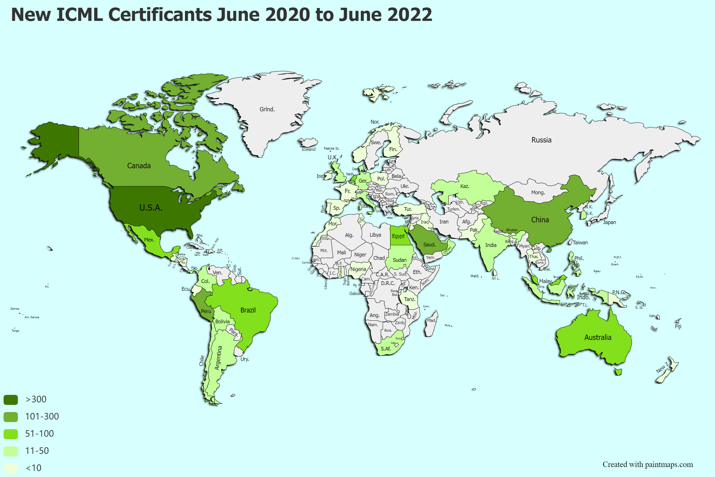 Map showing locations of exams passed by ICML candidates June 2020 to June 2022