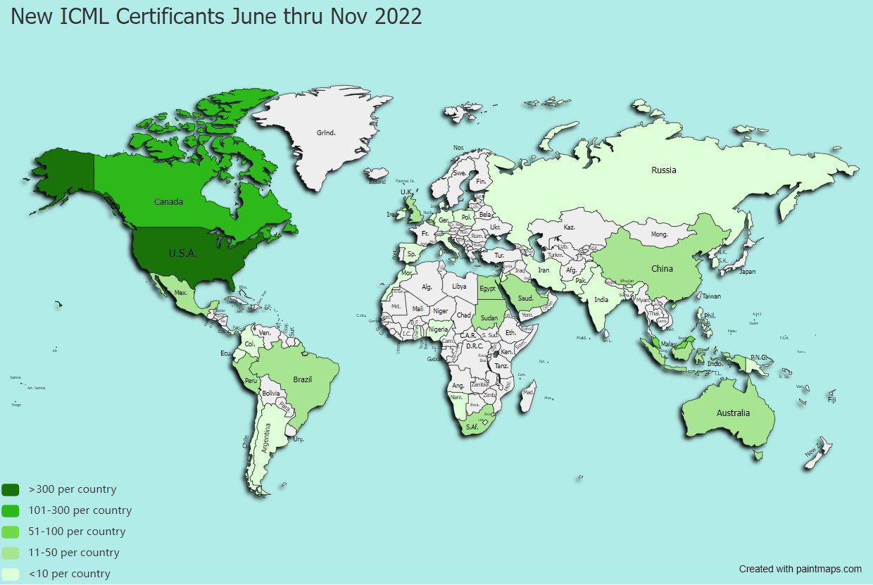 Map showing locations of exams passed by ICML candidates June 2022 thru Nov 2022