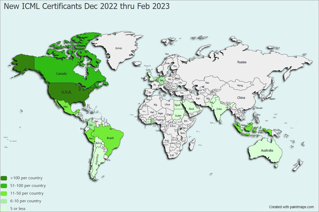 Map showing locations of exams passed by ICML candidates Dec 2022 thru Feb 2023