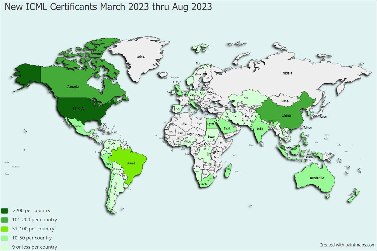 Map showing locations of exams passed by ICML candidates March 2023 thru Aug 2023