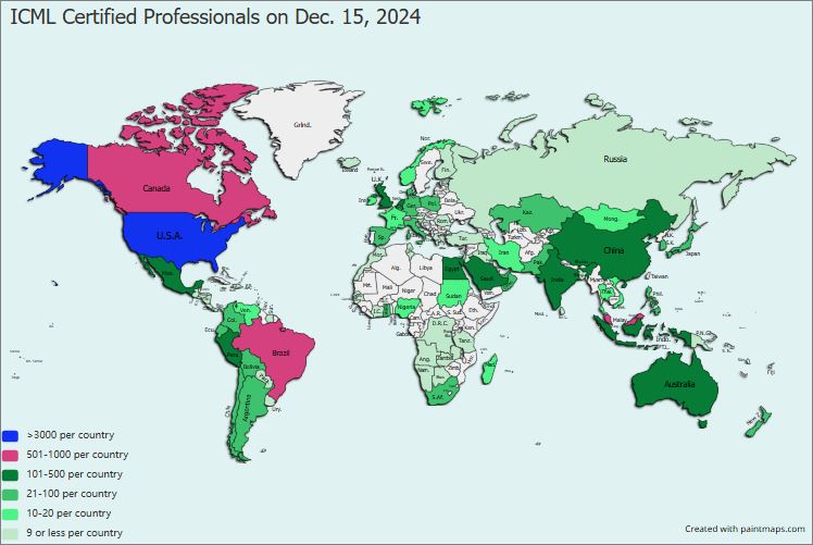 Map showing locations of current certified professionals (aka Standard Members) as of Dec. 15, 2024